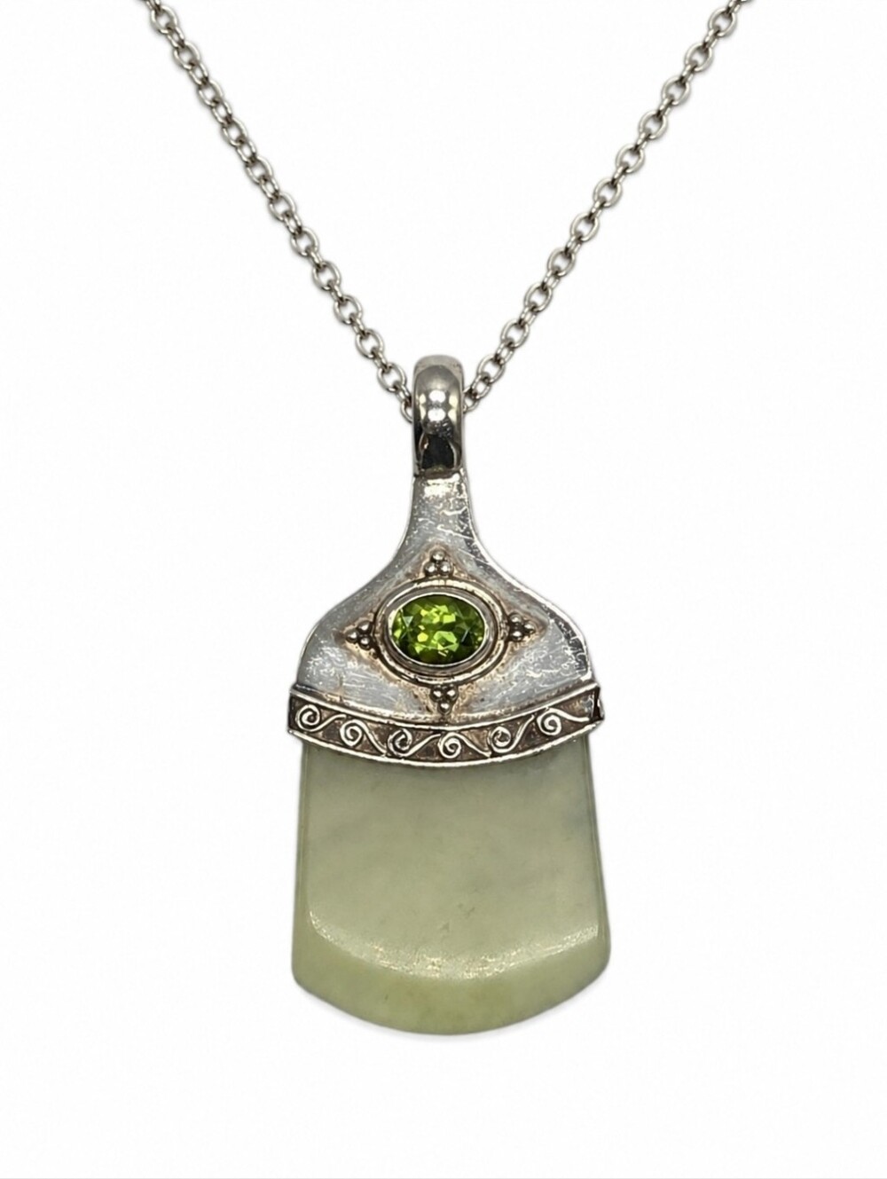 Vintage Sajen 925 Sterling Silver Jade Peridot Gemstone Pendant 2.25"
